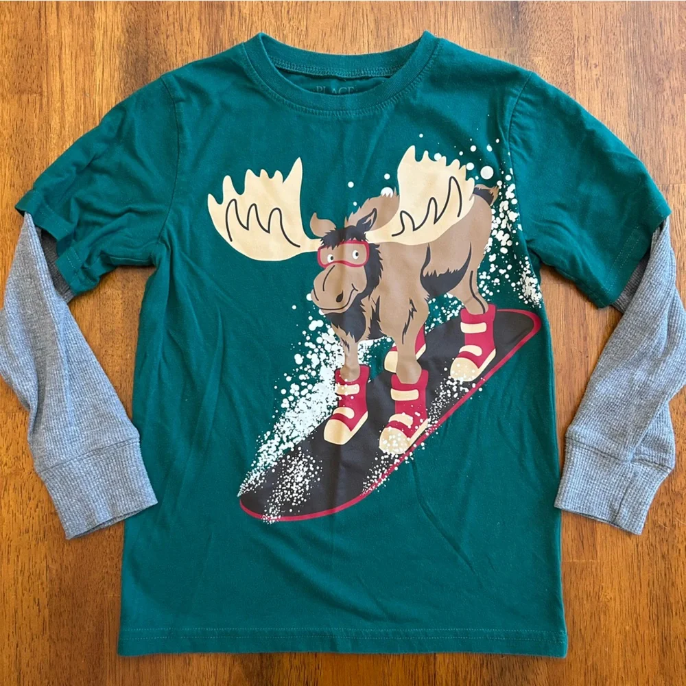 Kids Moose Snowboarding Long Sleeve Shirt | Green | The Children’s Place | 5/6